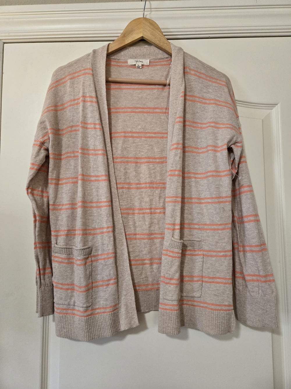 Peyton Primrose Lightweight Taupe Cardigan with Coral Stripe Detail Cotton Layer